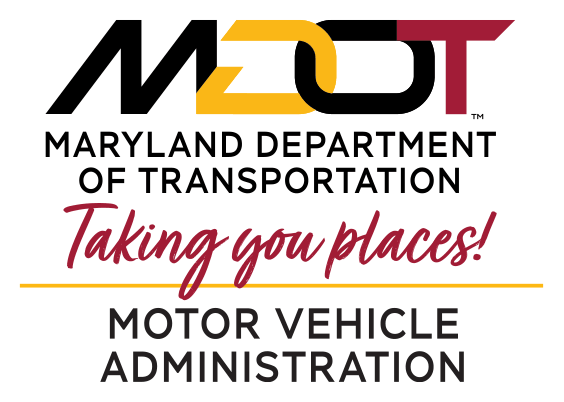 Black, red, and yellow logo that says MDOT Maryland Department of Transportation. Taking you places! Motor Vehicle Administration.
