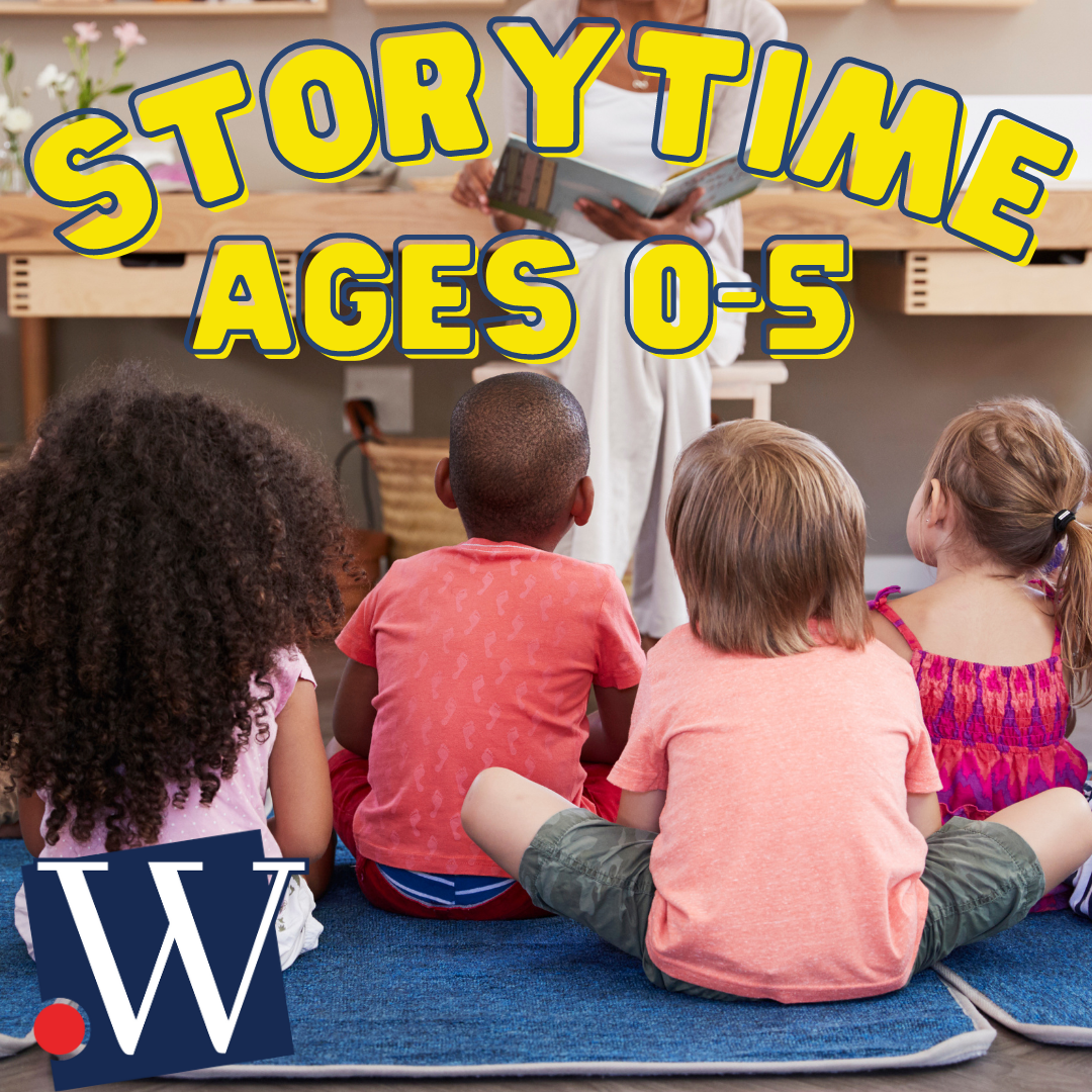Storytime facebook graphic - children sitting and listening to a story