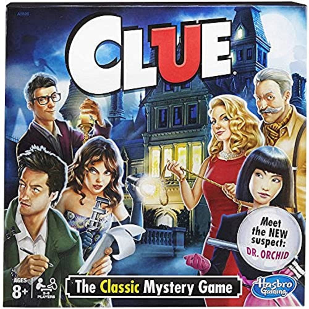 A picture of the board game Clue. There are eight different characters in the foreground, and a mansion enshrouded in fog in the background.