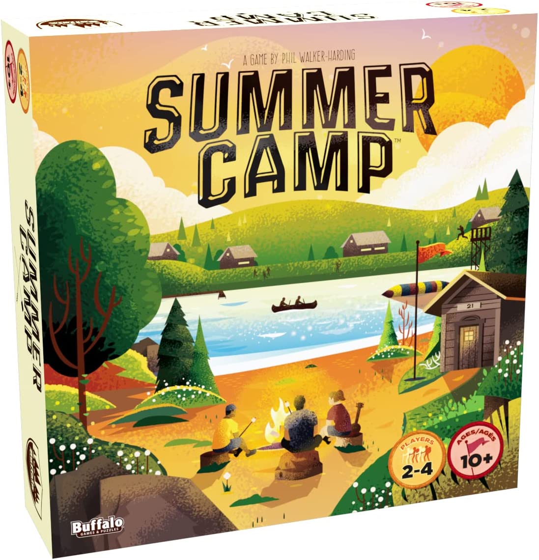 A picture of the board game Summer Camp. The artwork is of an idyllic lakeside campground where three teens sit around a fire toasting marshmallows.