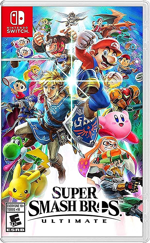 A picture of the video game Super Smash Bros Ultimate for the Nintendo Switch. The cover is adorned with a myriad of iconic Nintendo characters that are playable characters in the game.