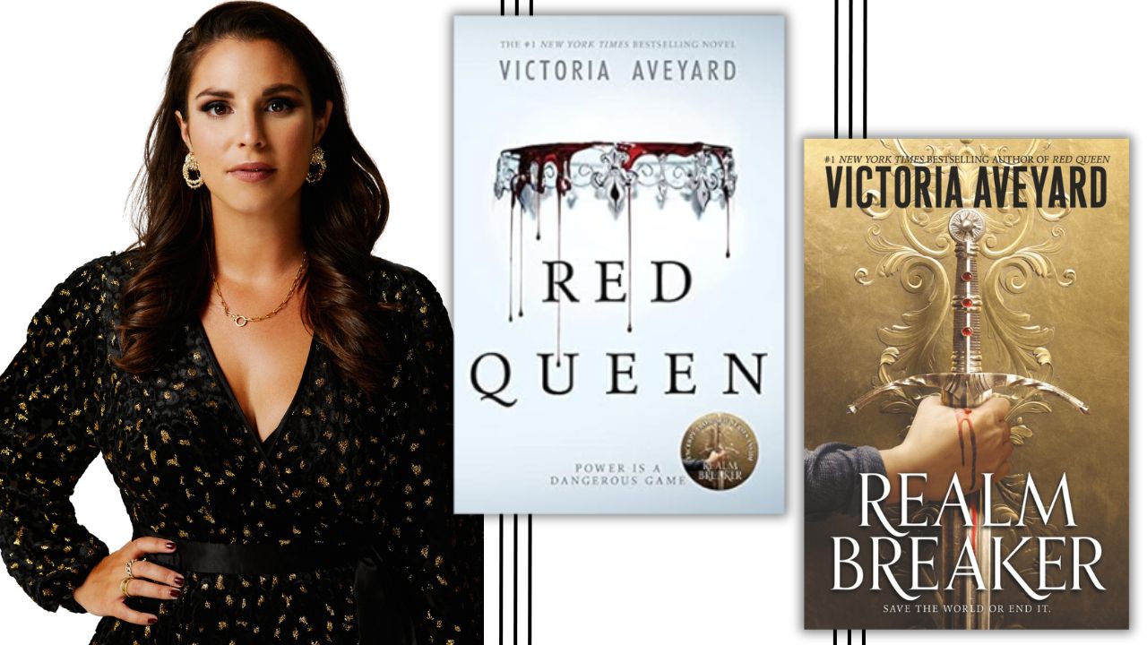 Author Victoria Aveyard with books Red Queen and Realm Breaker