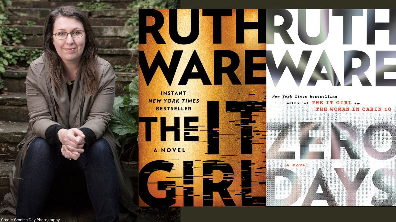 Photo of Author Ruth Ware next to the covers of her books.