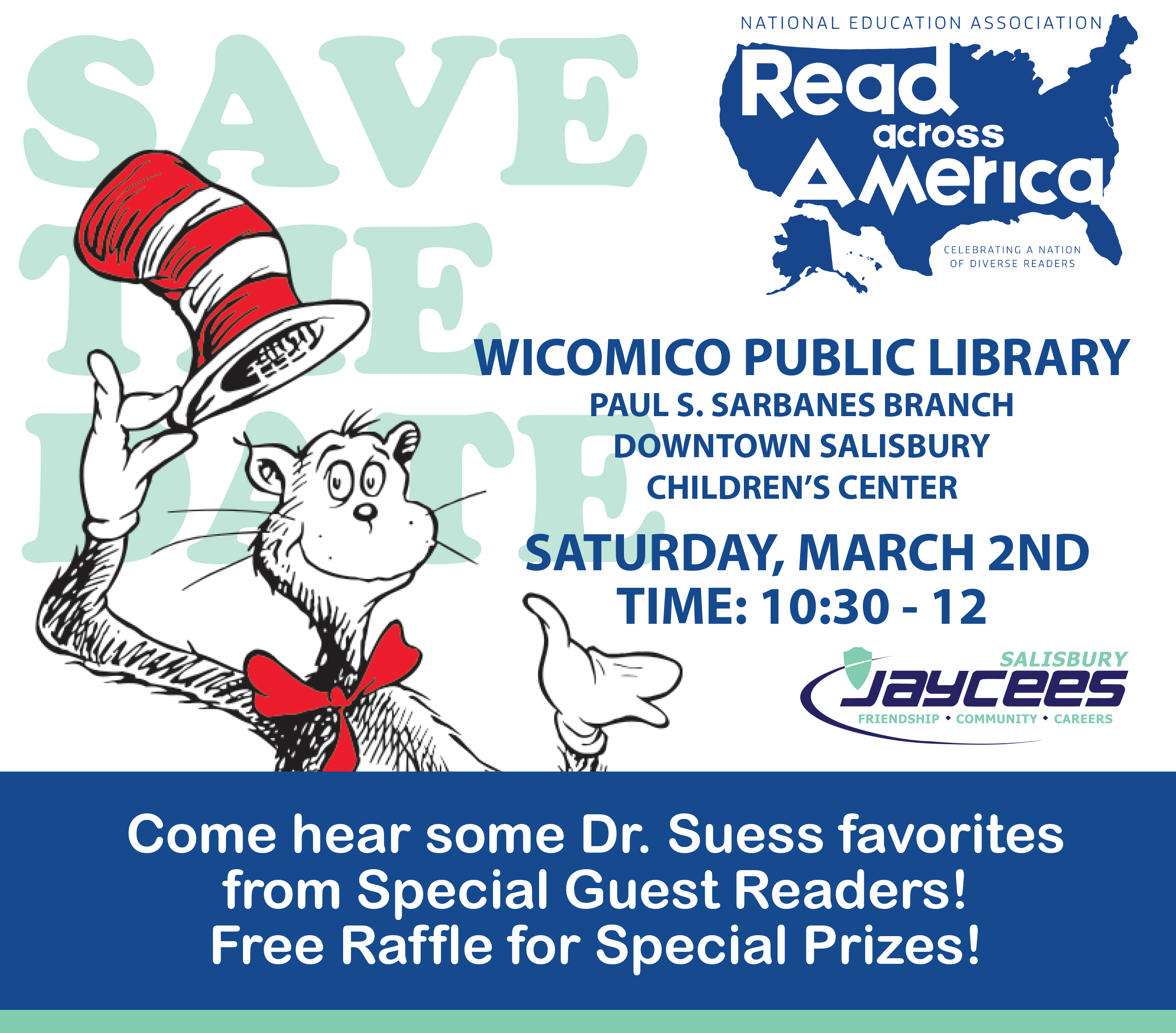 Save the date includes a picture of cat in the hat and blue text that says the event information