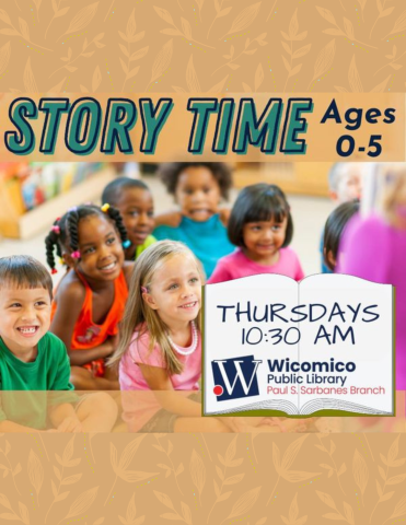 flyer for storytime. text reads: "storytime ages 0-5 thursdays 10:30 am"