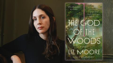 Photo of author Liz Moore with the cover of The God of the Woods