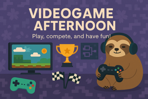 video games controller, trophy, screen, flags, and sloth