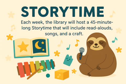 books, xylophone, music notes, sloth