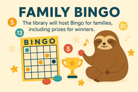 bingo board, trophy, numbers, sloth