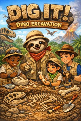 Sloth and kids digging for fossils 