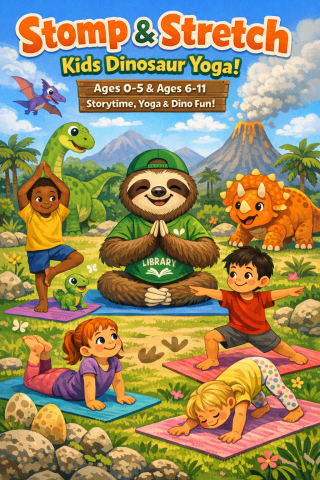 Sloth doing yoga with kids and dinos