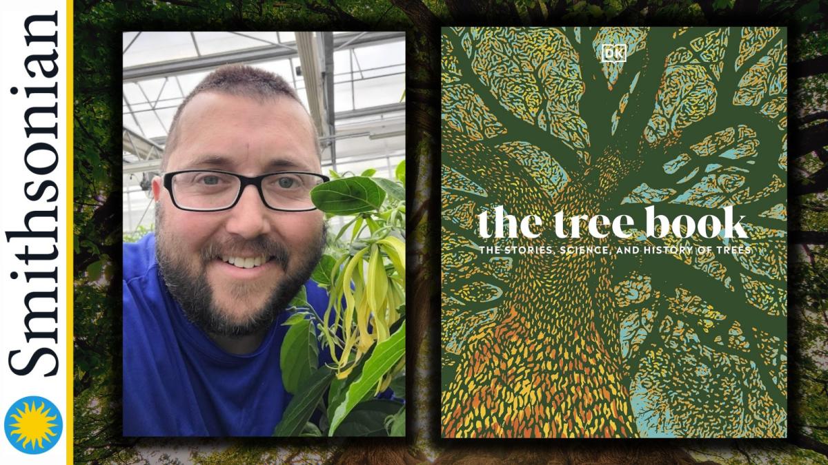 Photo of author Matthew Fleming with the cover of The Tree Book