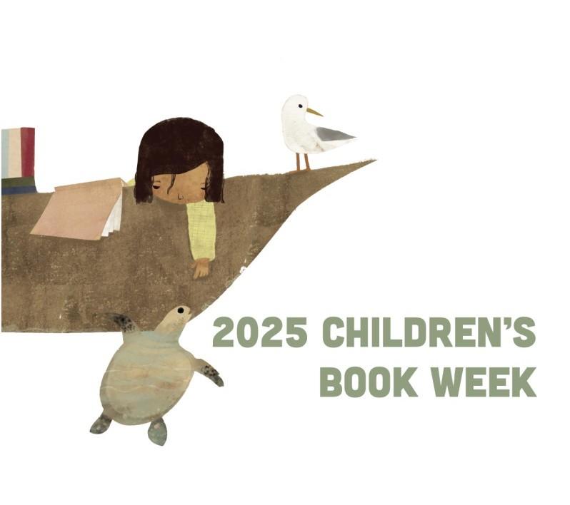 Child on a dock with a turtle and the words "2025 Children's Book Week"