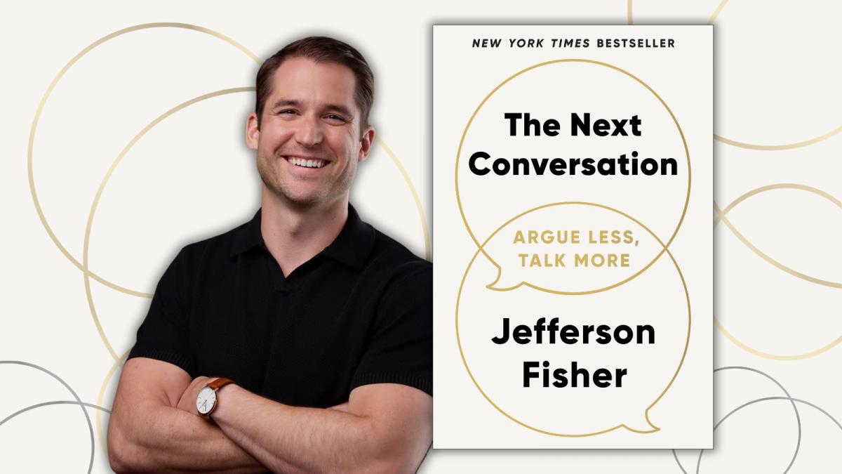 Photo of author Jefferson Fisher with the cover of Argue Less and Talk More