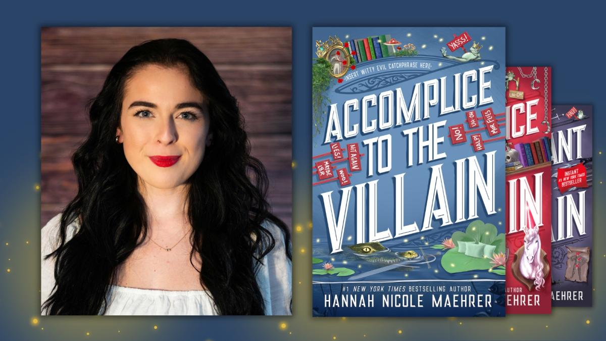 Photo of author Hannah Nicole Maehrer with the cover of Assistant to the Villain