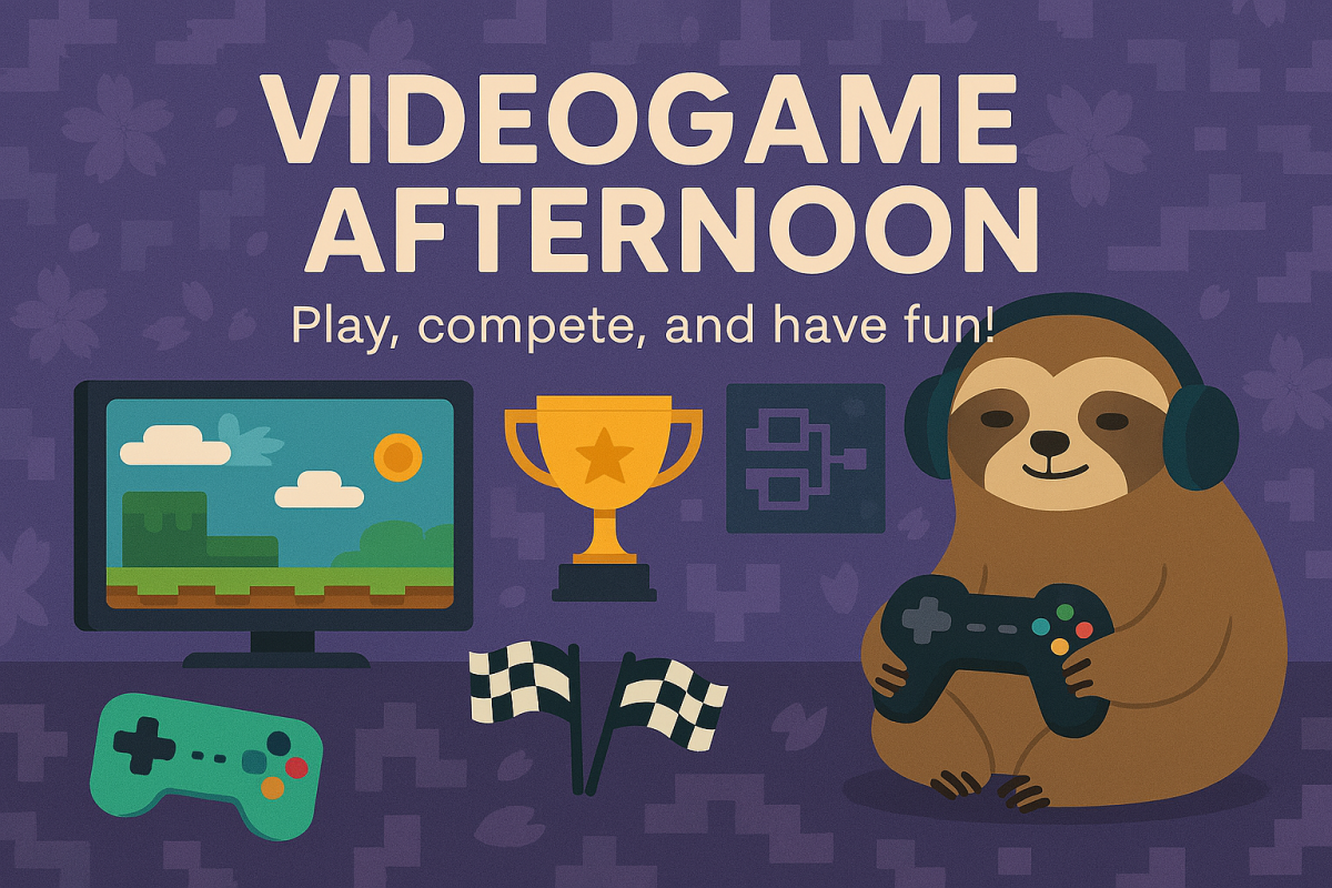 video games controller, trophy, screen, flags, and sloth