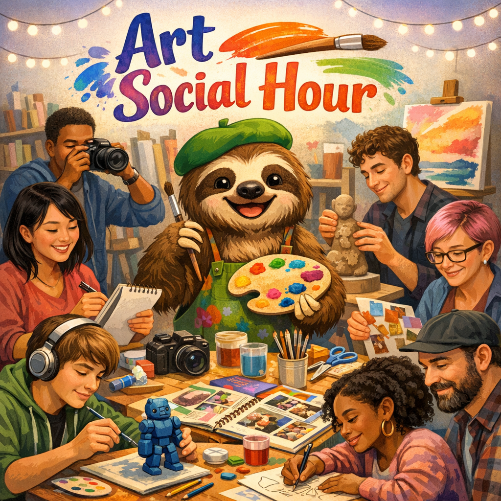 Sloth and people vibing over art