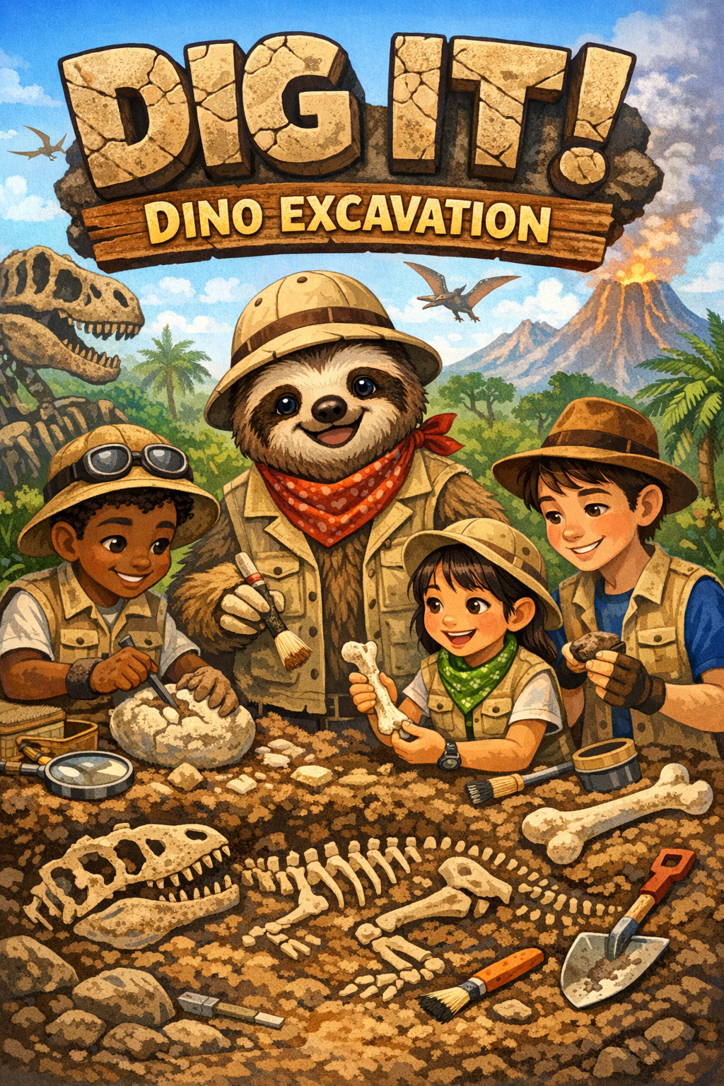 Sloth and kids digging for fossils 