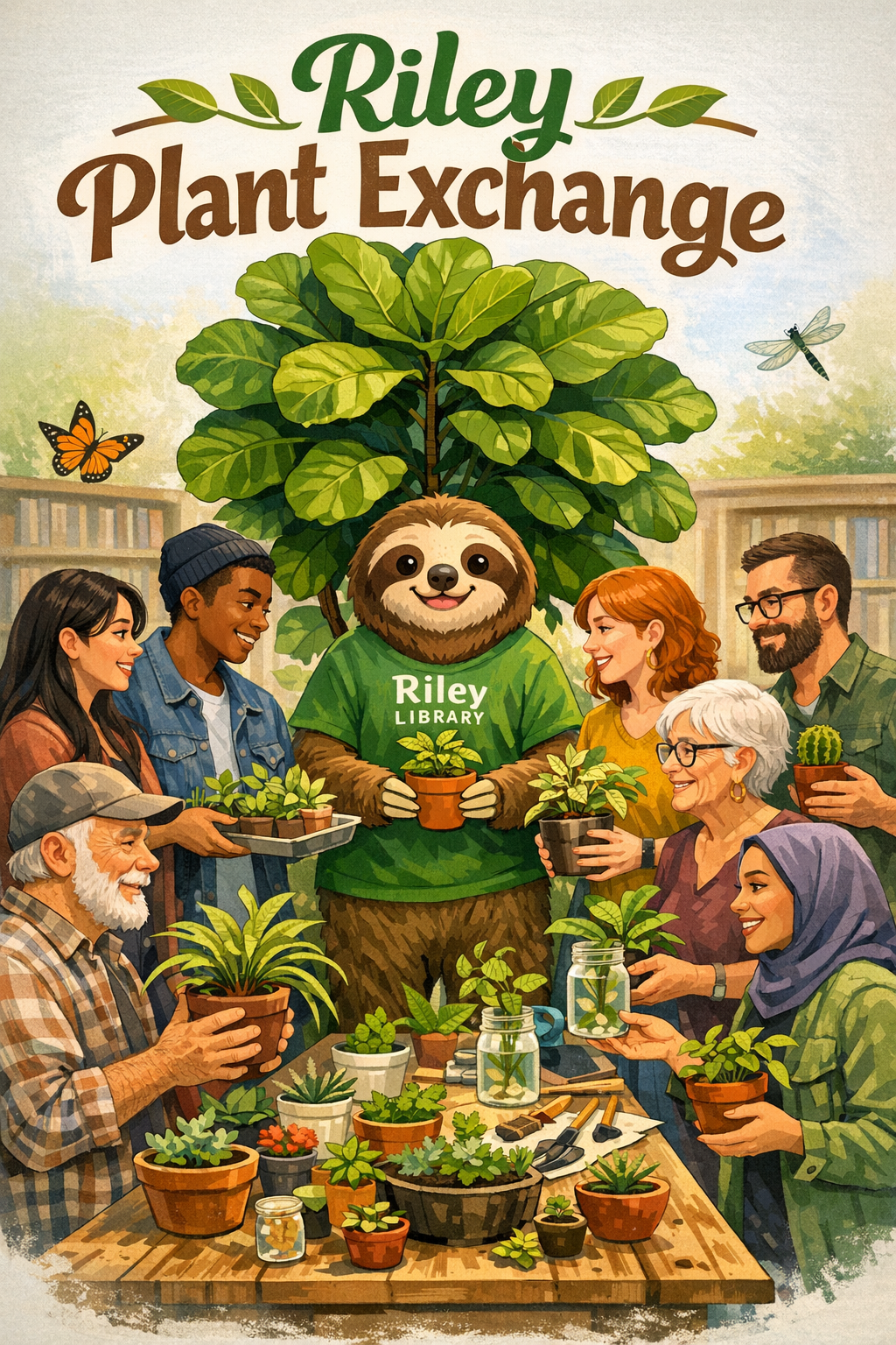 Sloth and people sharing plants