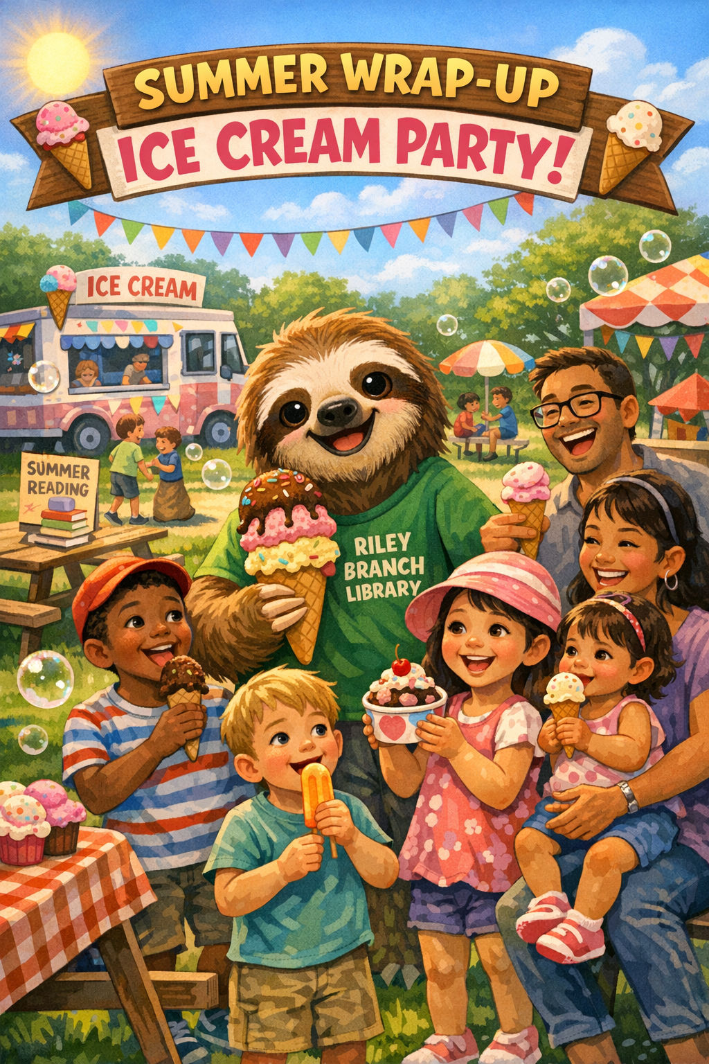 Sloth and people enjoying ice cream.