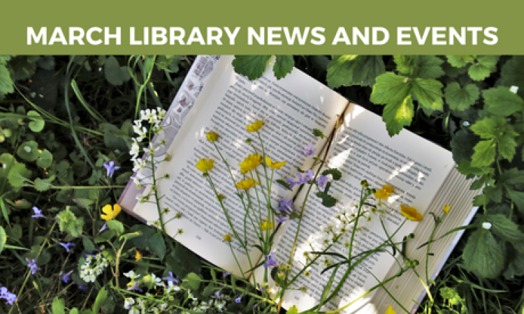 March Newsletter with graphic of a book among the flowers