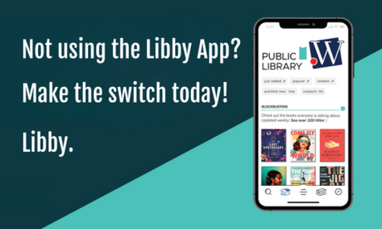 Not using the Libby App? Make the switch today! with a picture of a phone using the ebook app