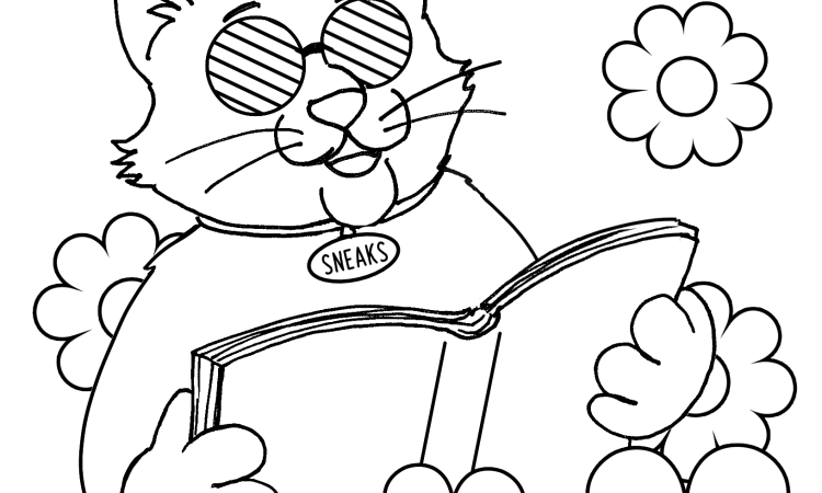 Sneaks the cat reading coloring page with flowers